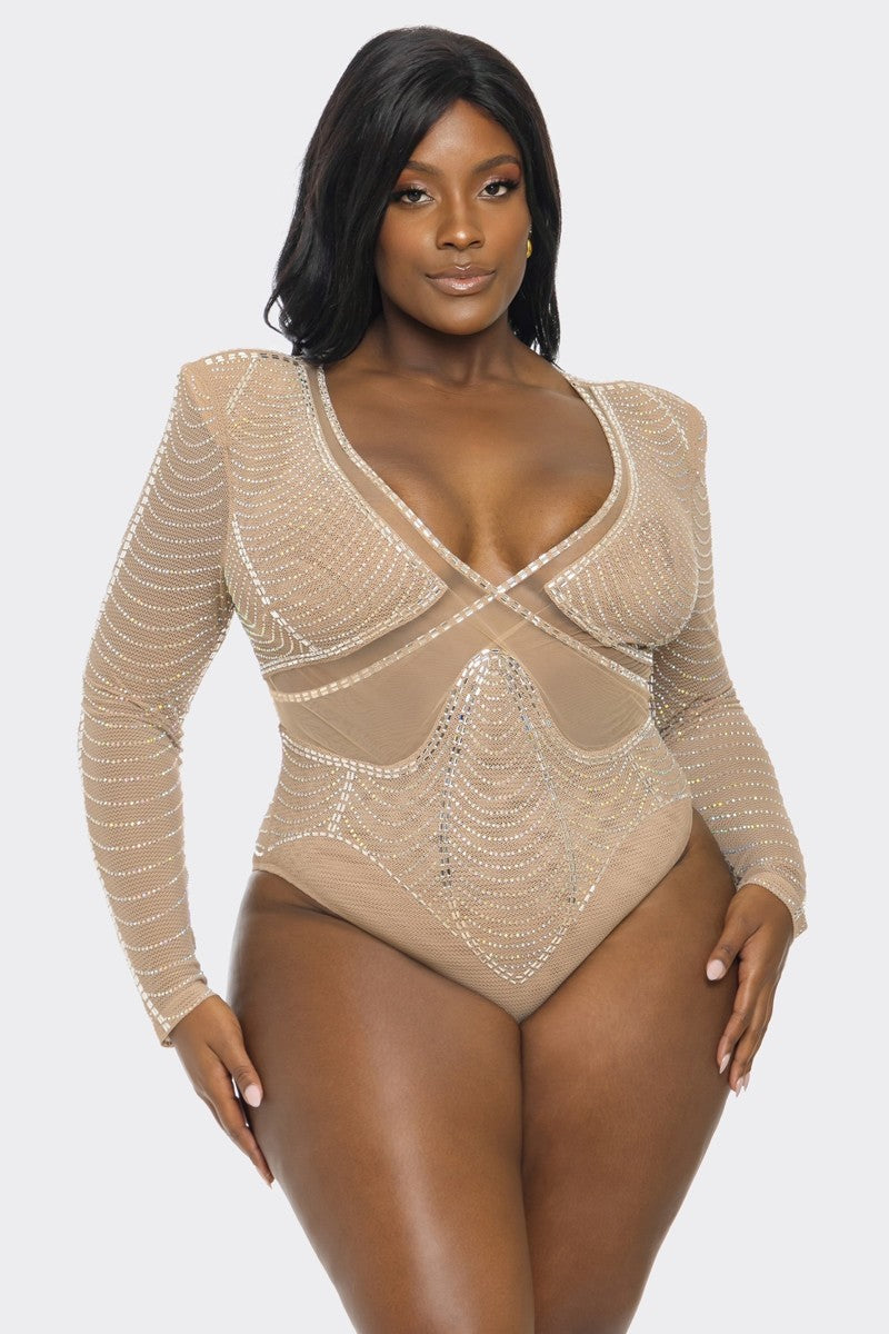 Banjul Bodysuits Plus Size Glam Rhinestone Fishnet Bodysuit -Nude