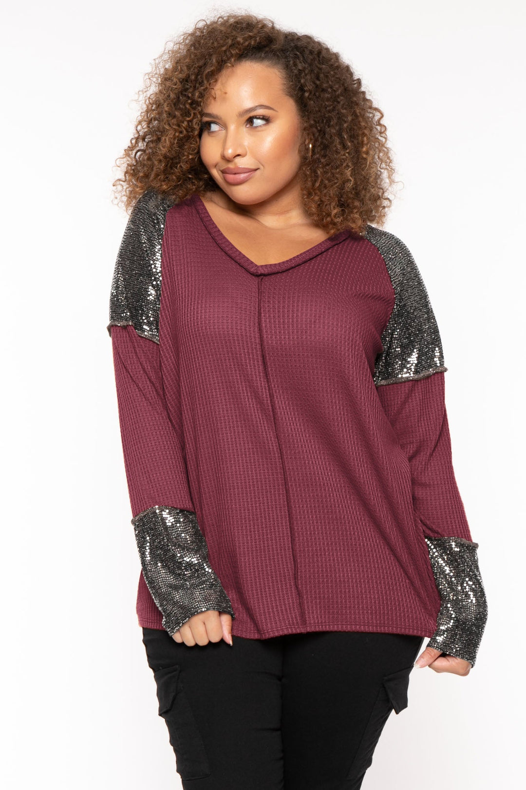 Gibiu Bodysuits Plus Size Glenda Sequin Knit Top - Burgundy