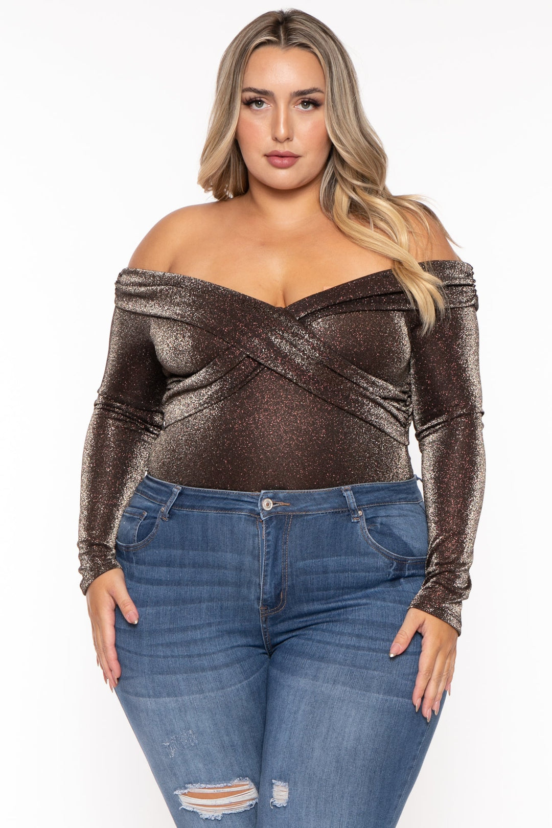 Gibiu Bodysuits 1X / Brown Plus Size Glitter Cross Wrap Bodysuit -Black/Brown