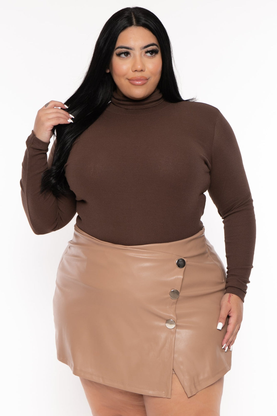 FIRST LOVE Bottoms 1X / Mocha Plus Size Adriane  Faux Leather Skort - Mocha