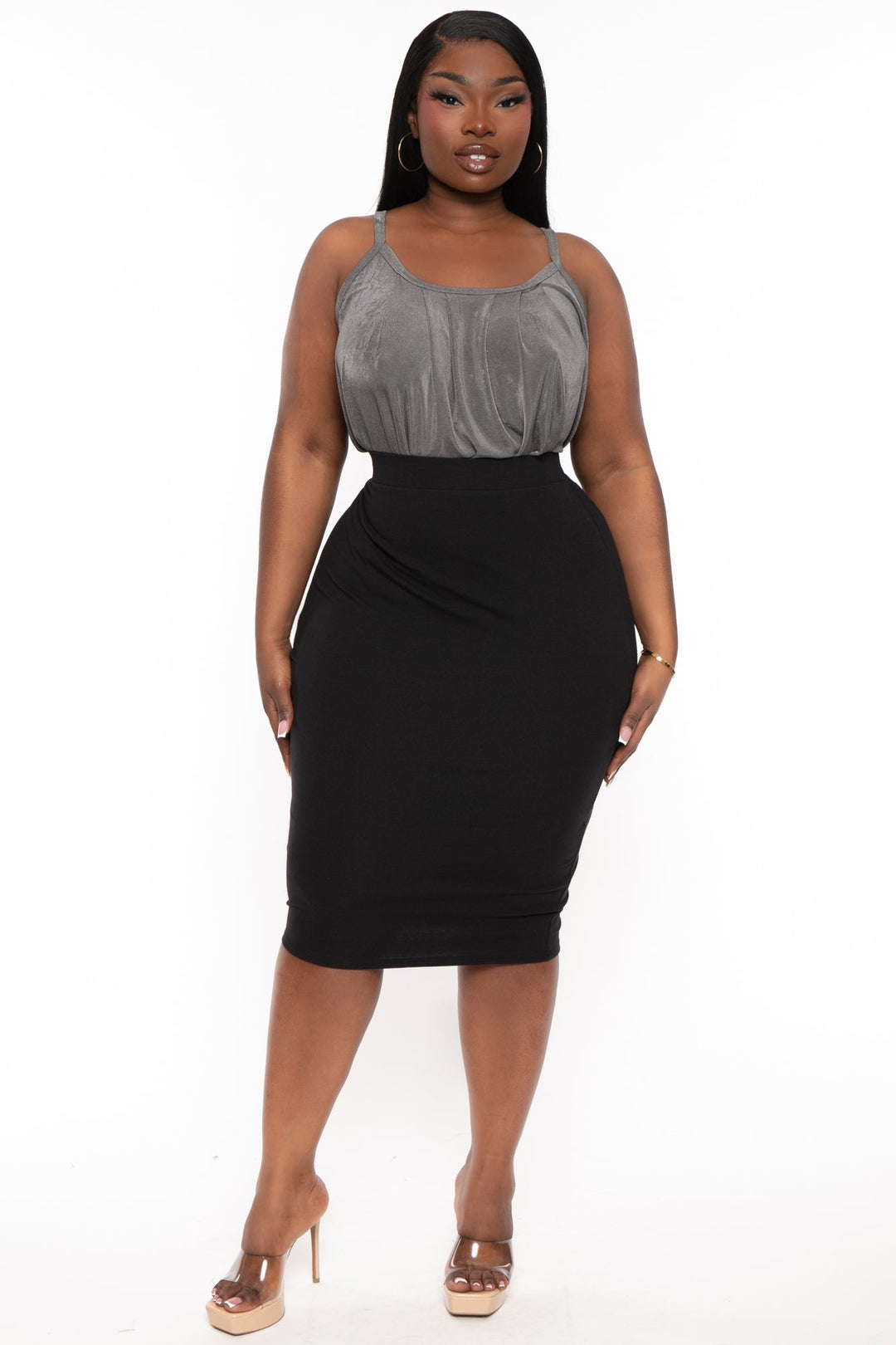 Curvy Sense Bottoms 1X / Black Plus Size Audette Stretch Midi Skirt - Black