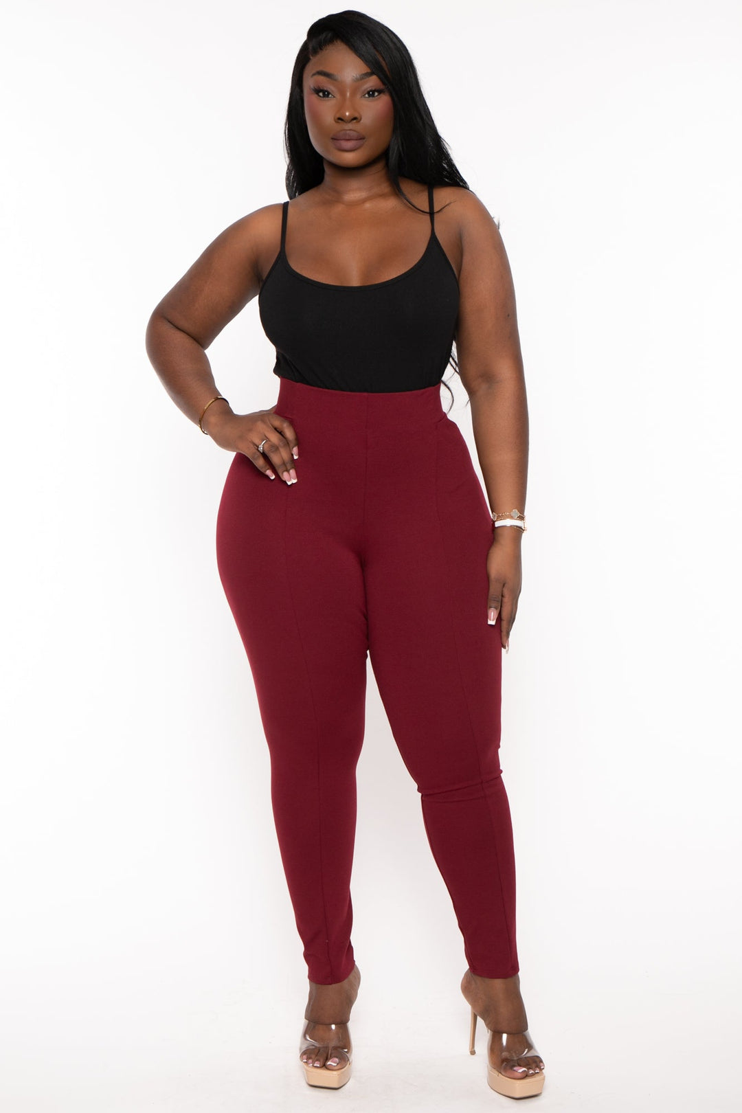 Curvy Sense Bottoms Plus Size Belleann High Waist Ponti  Leggings- Burgundy