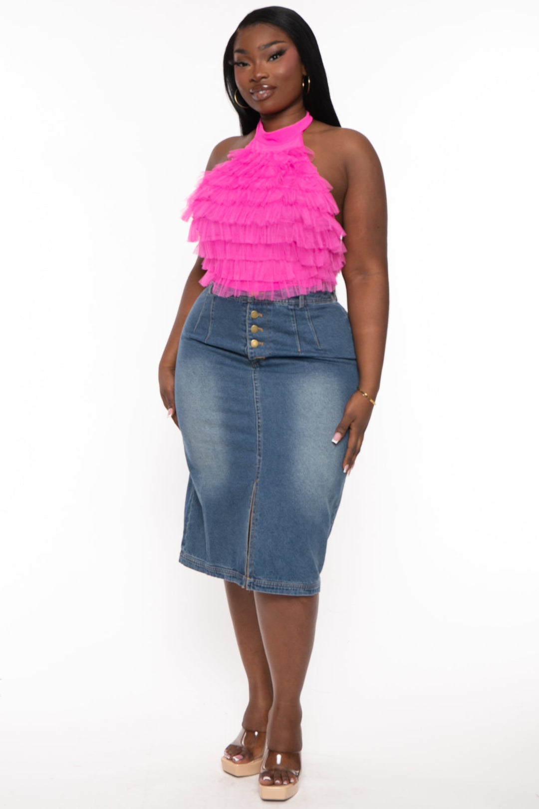 Jade By Jane Bottoms Plus Size Denim  Midi Skirt - Blue