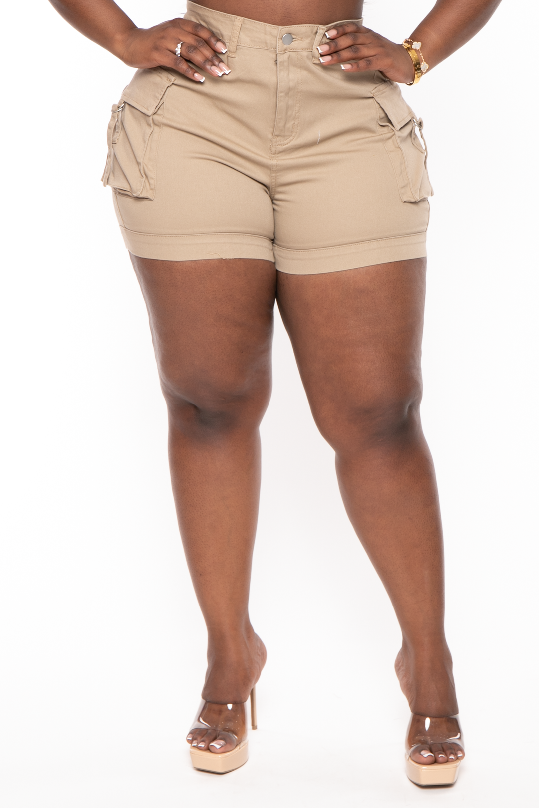 American Bazi Bottoms 1X / Khaki Plus Size High Rise Utility Cargo Shorts - Khaki