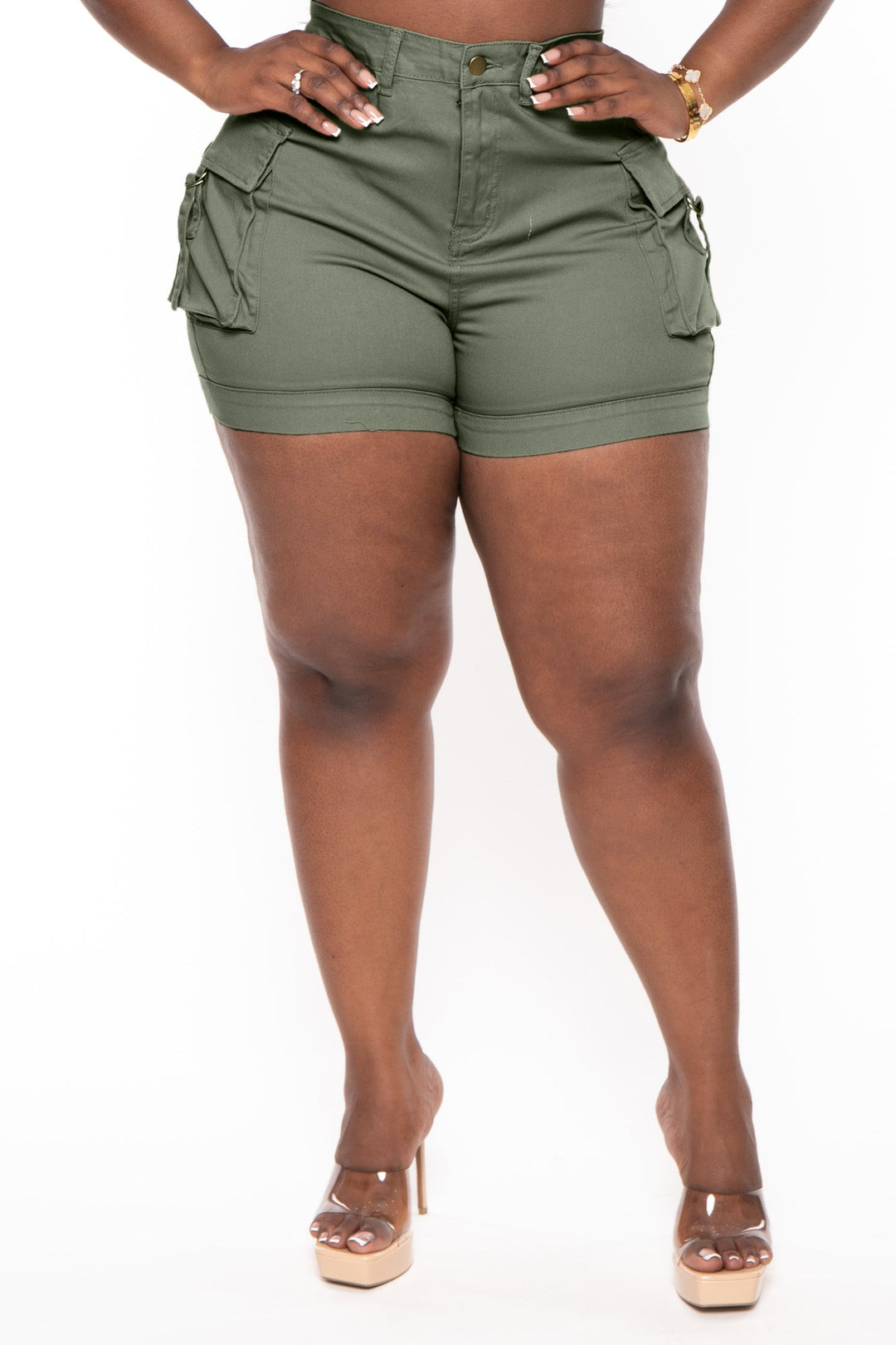 American Bazi Bottoms 1X / Olive Plus Size High Rise Utility Cargo Shorts - Olive