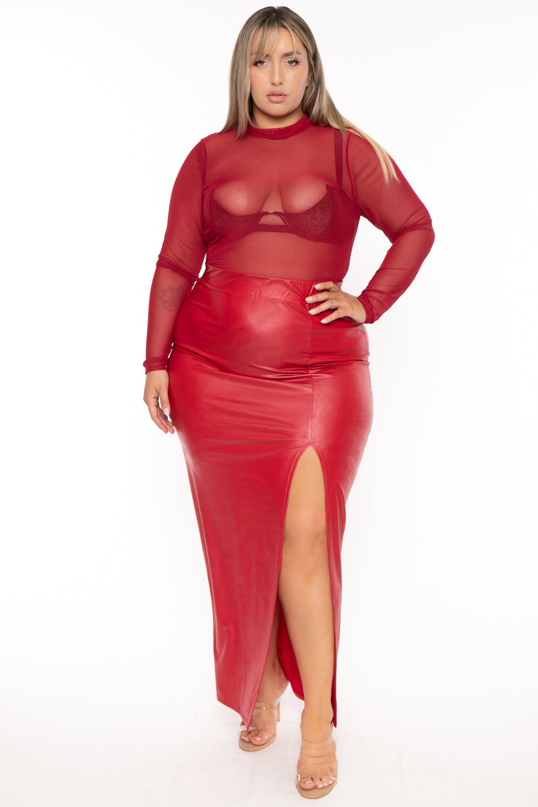 Curvy Sense Bottoms Plus Size Jani Faux Leather Maxi Skirt - Red