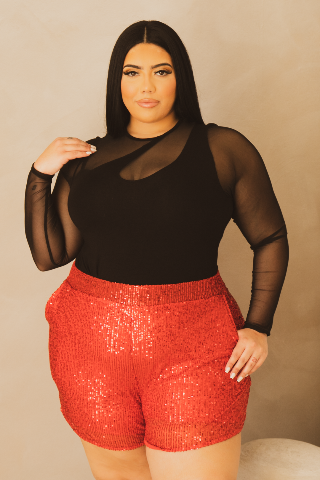 Curvy Sense Bottoms 1X / Red Plus Size Jemila Sequin Short- Red