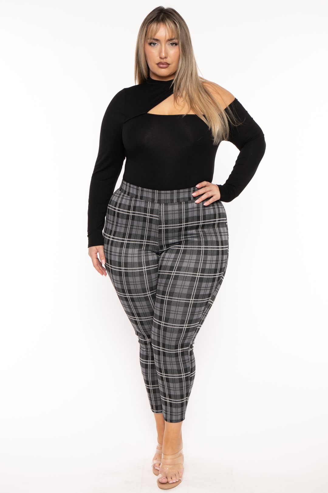 Curvy Sense Bottoms 1X / Black Plus Size Lanney Plaid Leggings- Black