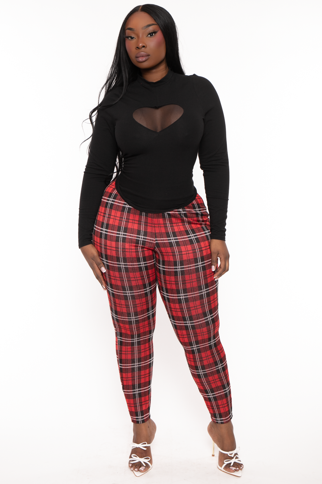 Curvy Sense Bottoms Plus Size Lanney Plaid Leggings- Red