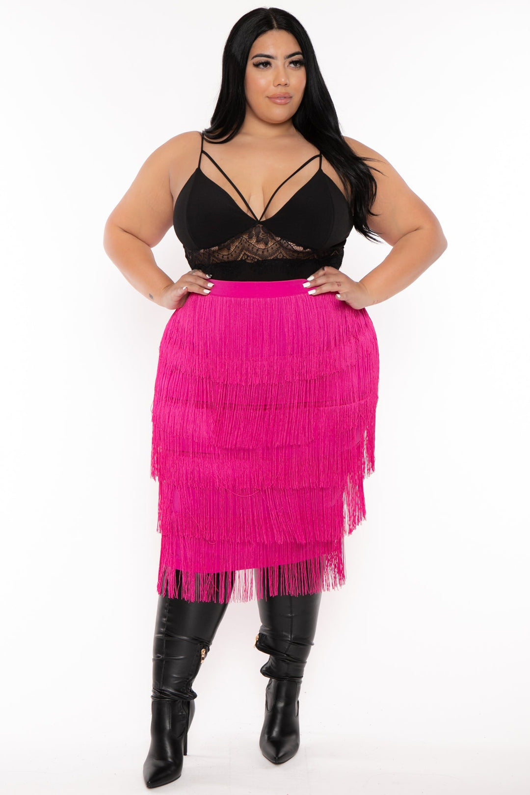 CHICCTHY TOP Bottoms Plus Size Nyra Fringe Midi Skirt  - Pink