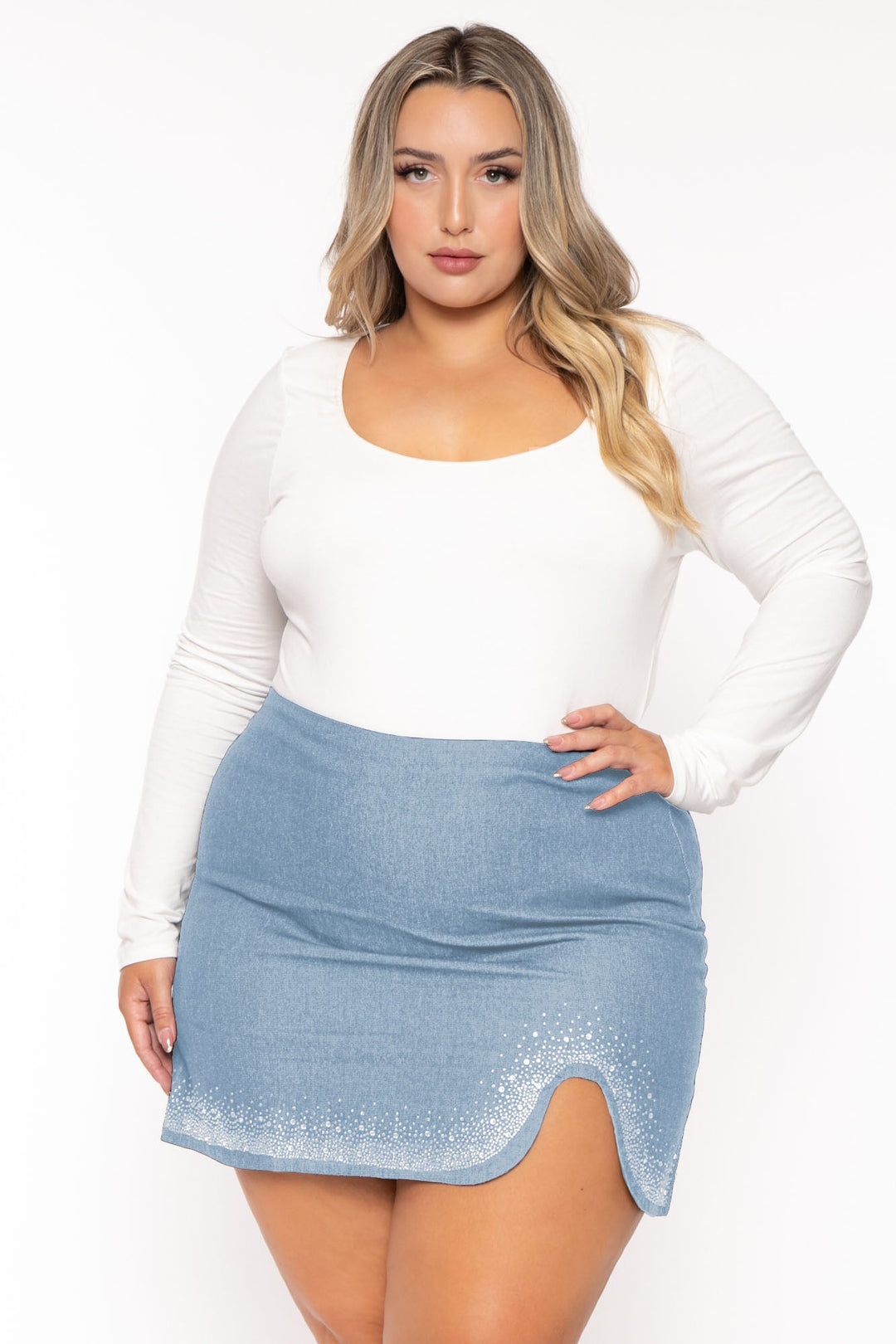 GEE GEE Bottoms 1X / Light Wash Plus Size  Rhinestone  Denim Mini Skirt -  Light Wash