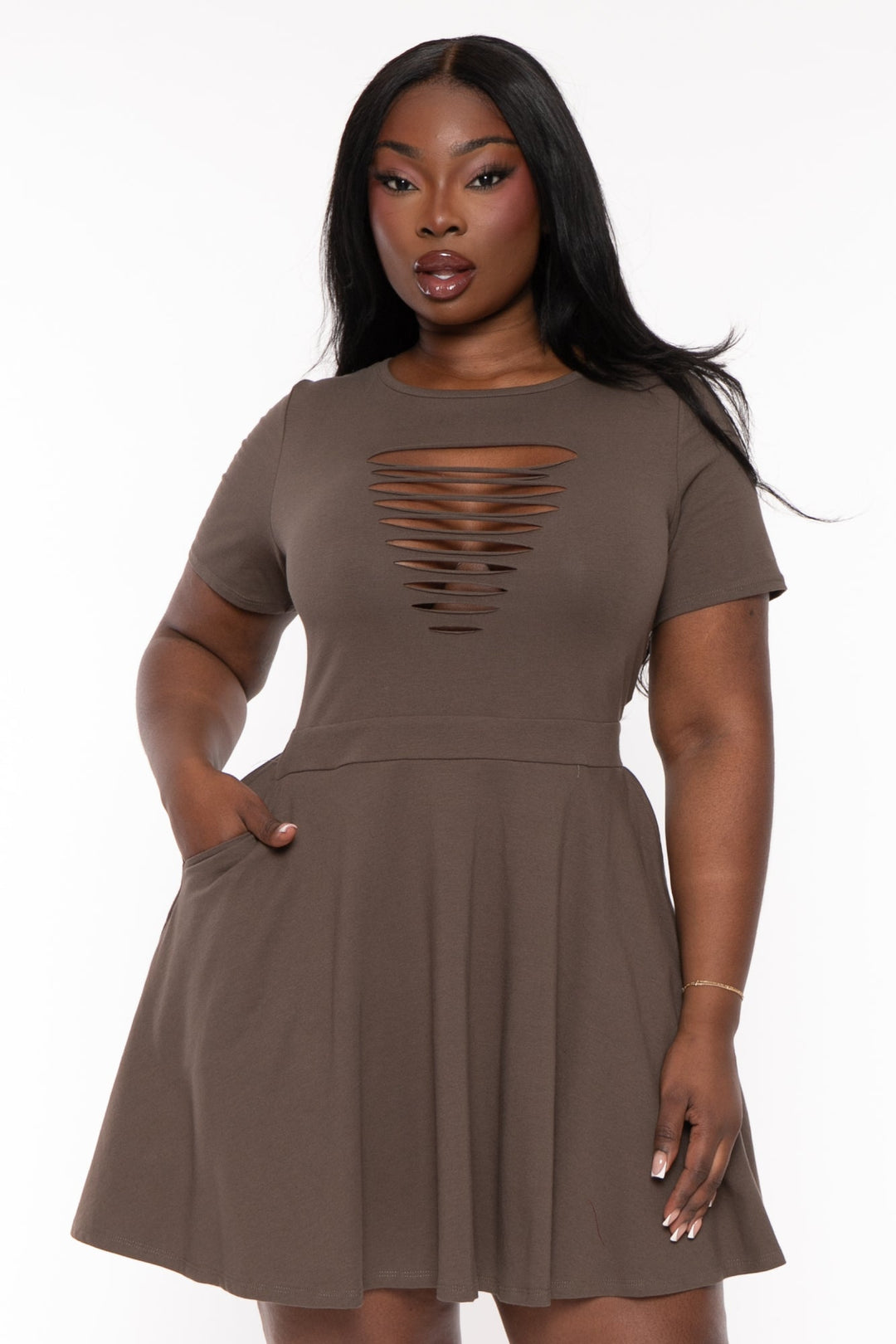 Curvy Sense Dresses 1X / Olive Plus Size Amaira Destructed Flare Dress - Olive