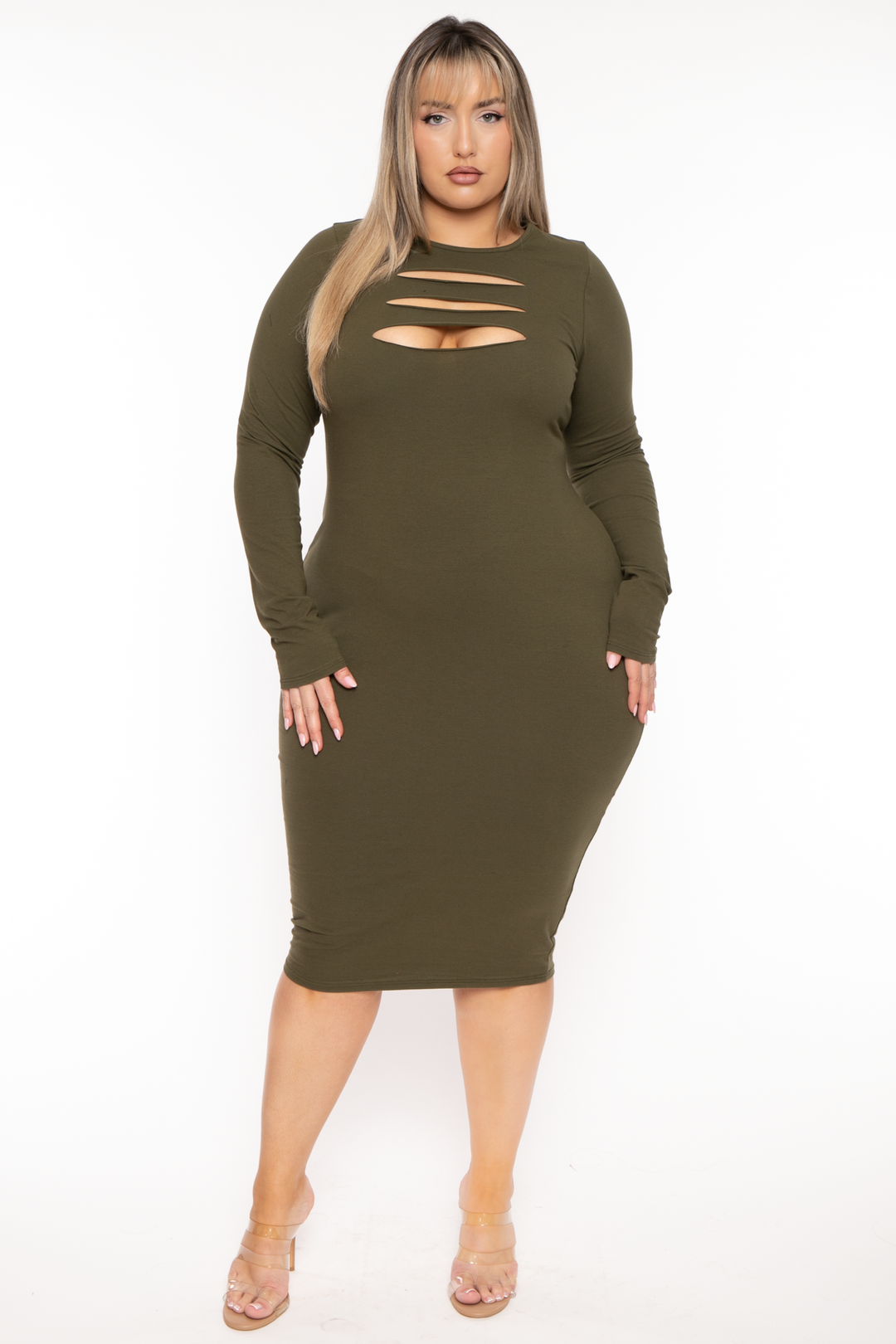 Curvy Sense Dresses 1X / Olive Plus Size Amara Destructed Bodycon Dress - Olive