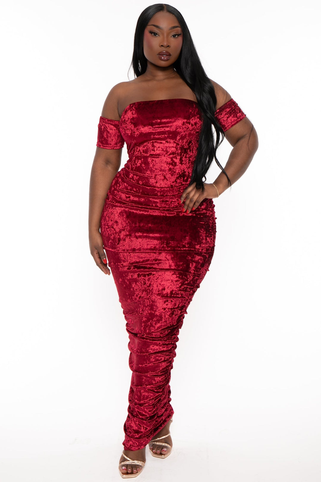 Curvy Sense Dresses Plus Size Anya Ruched Velour Maxi Dress - Burgundy