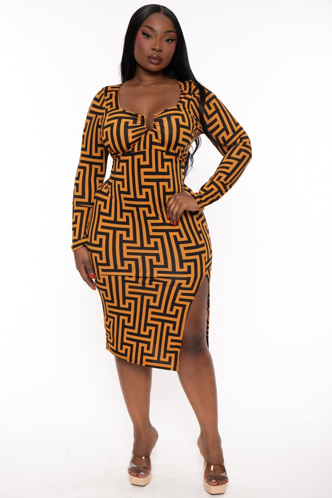 Curvy Sense Dresses 1X / Rust Plus Size Araseli Geometric Midi Dress - Rust