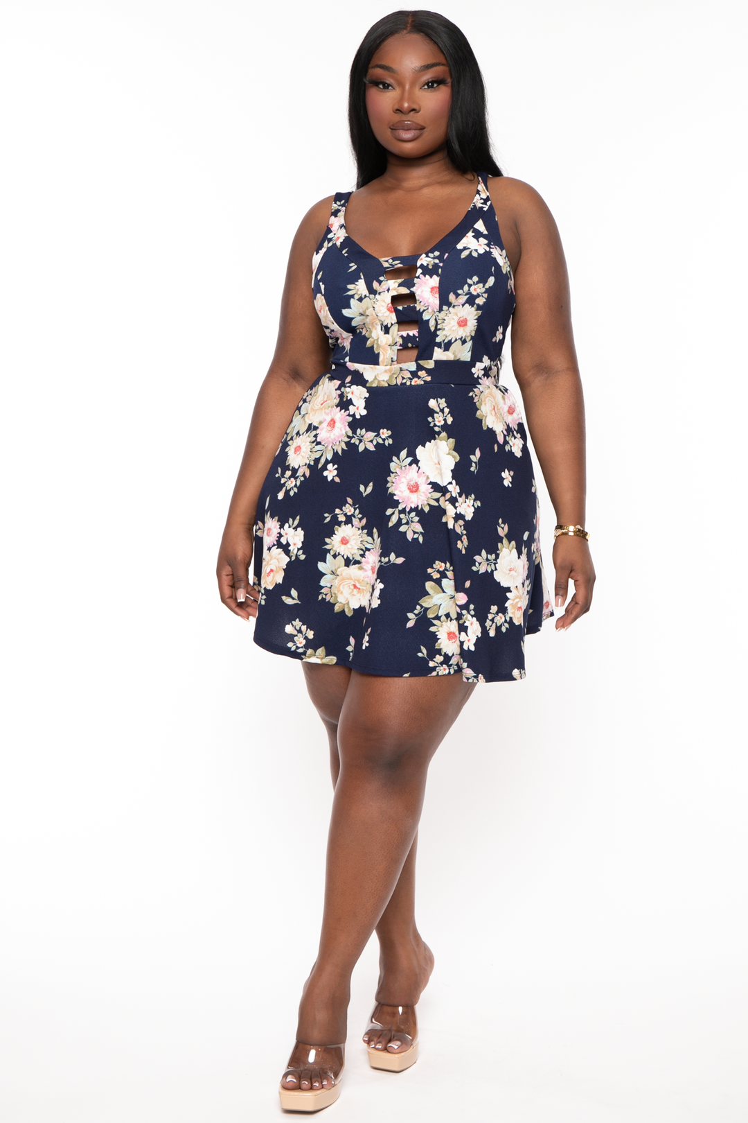 Curvy Sense Dresses 1X / Navy Plus Size Caged Fit & Flare Floral Dress -Navy