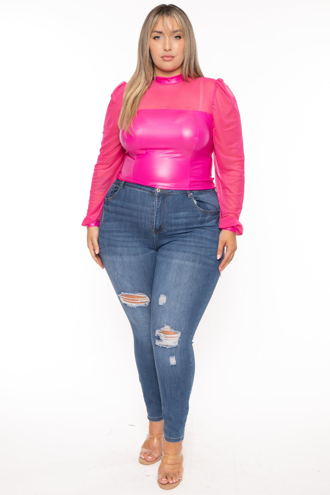 Curvy Sense Dresses Plus Size Charlotte  Faux Leather  Top -Fuchsia