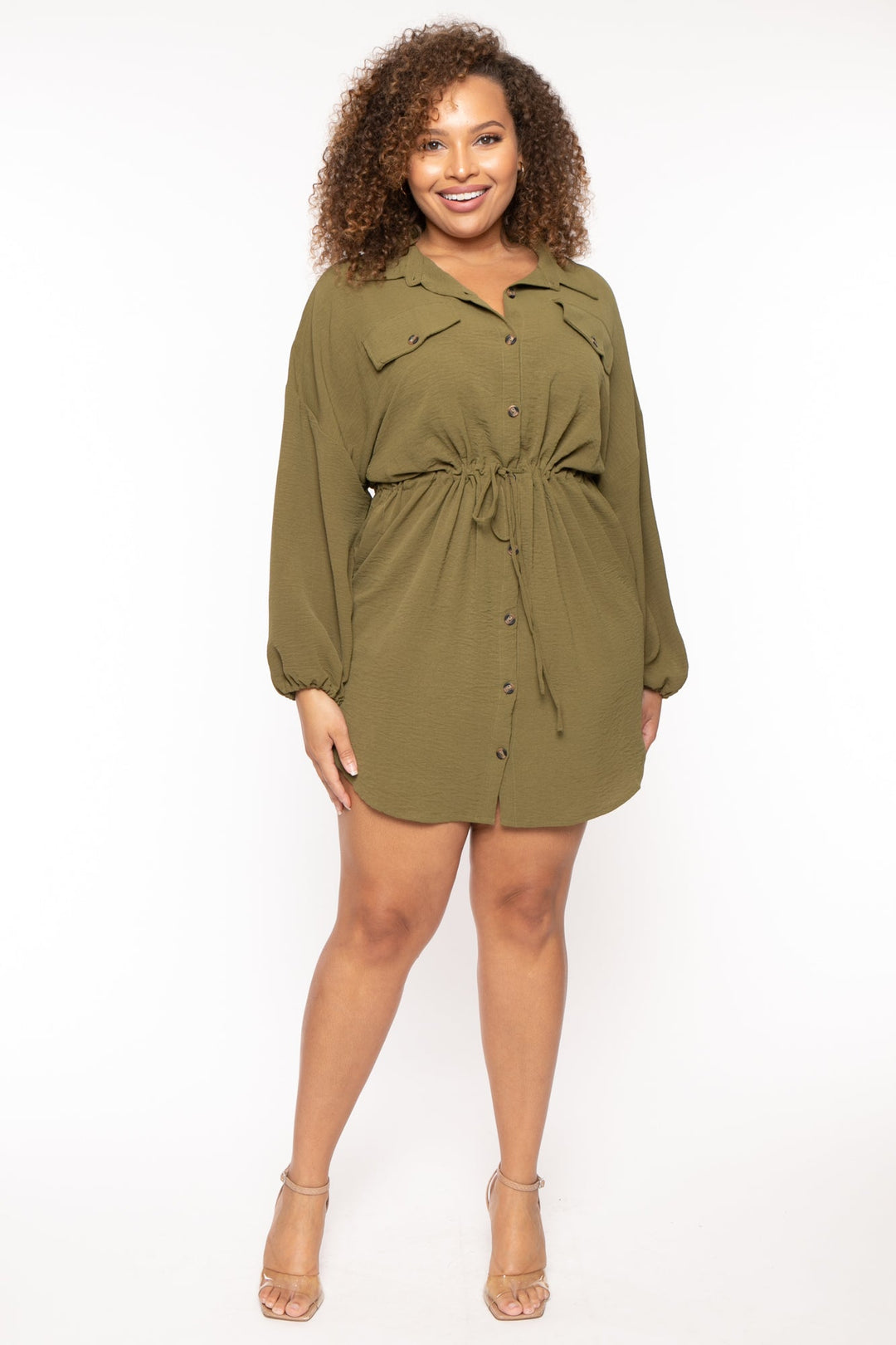 JNNA Dresses 1X / Olive Plus Size Donnie Draw Sting  Shirt Dress - Olive