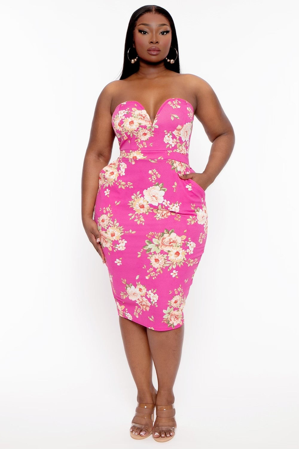 Curvy Sense Dresses Plus Size Floral Print Bodycon Dress - Hot Pink