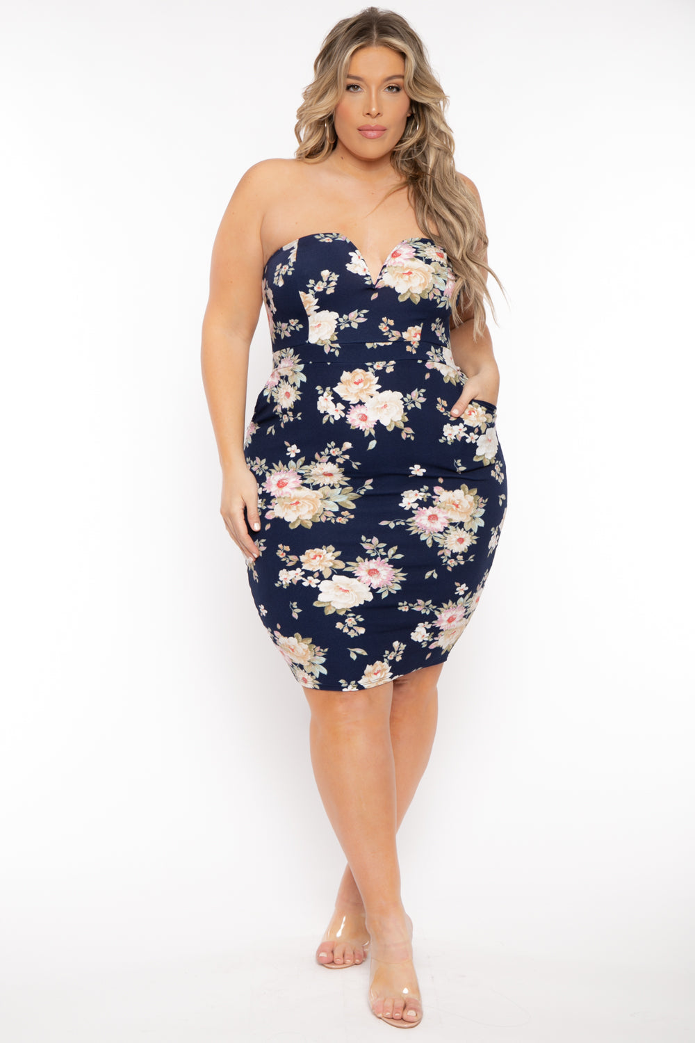 Curvy Sense Dresses 1X / Navy Plus Size Floral Print Bodycon Dress - Navy