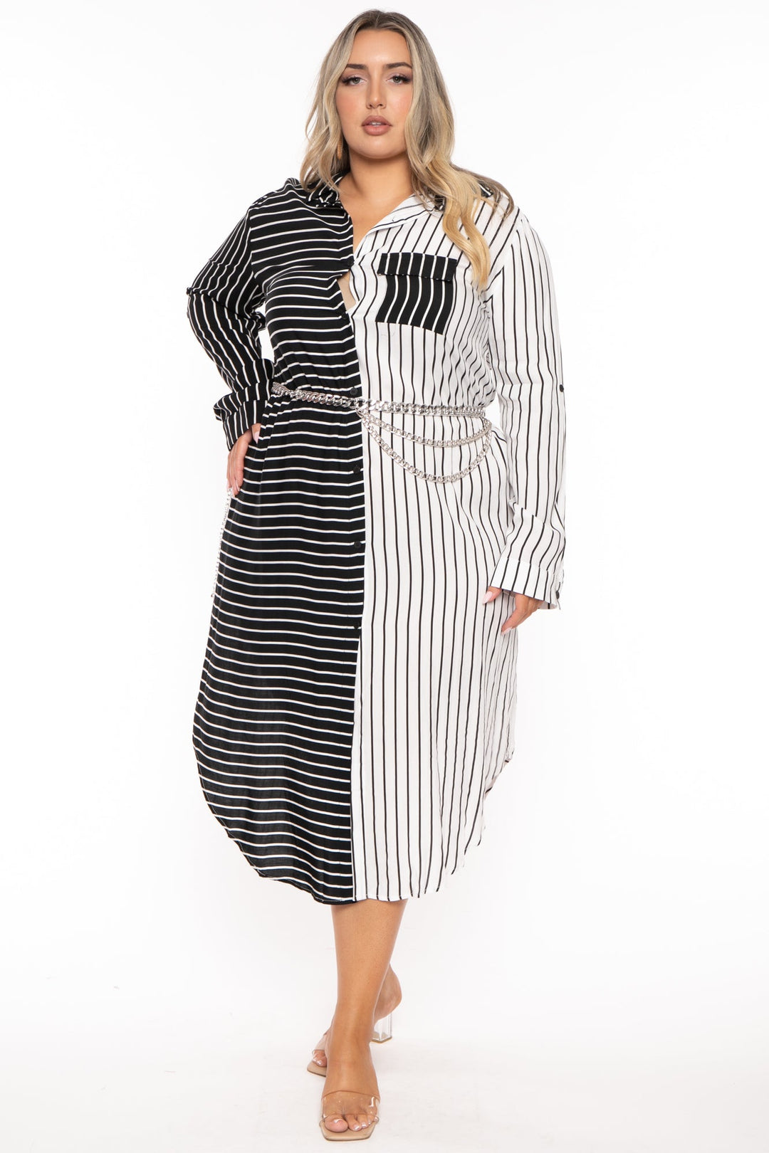 Dress Day Dresses 1X / White/Black Plus Size Janey  Shirt Midi  Dress - White/Black