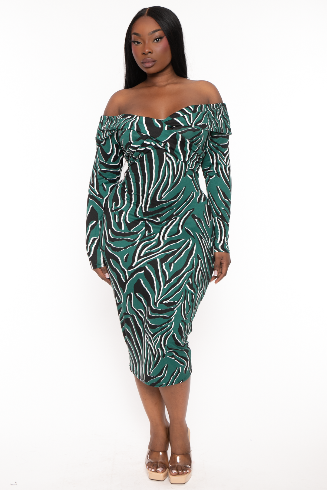 Curvy Sense Dresses 1X / Green Plus Size Lidy Printed Midi Dress- Green