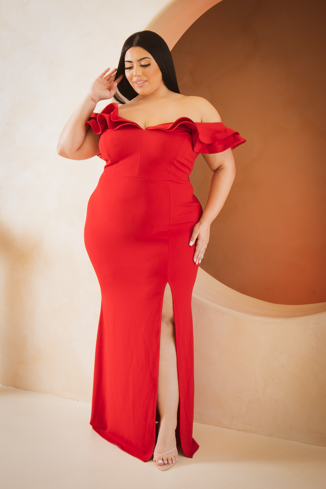 Symphony Dresses 1X / Red Plus Size Lucienne Ruffle Maxi Gown  Dress- Red