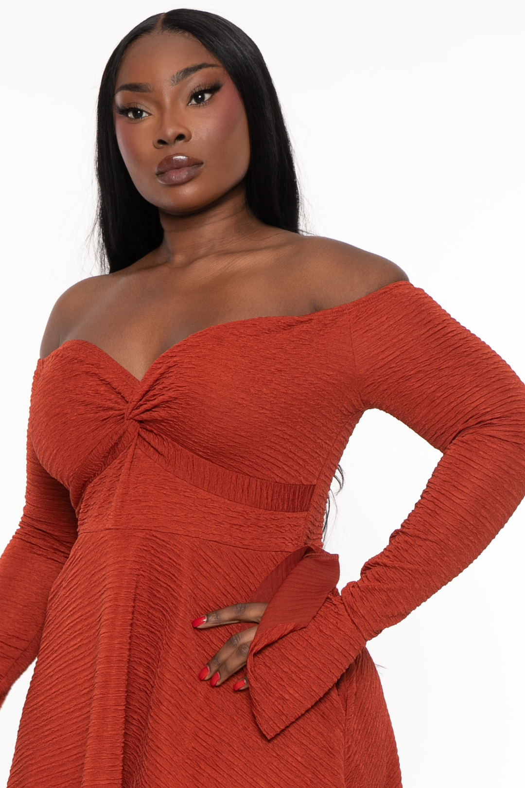 Curvy Sense Dresses Plus Size Marilu Front Twist Flare Dress - Rust