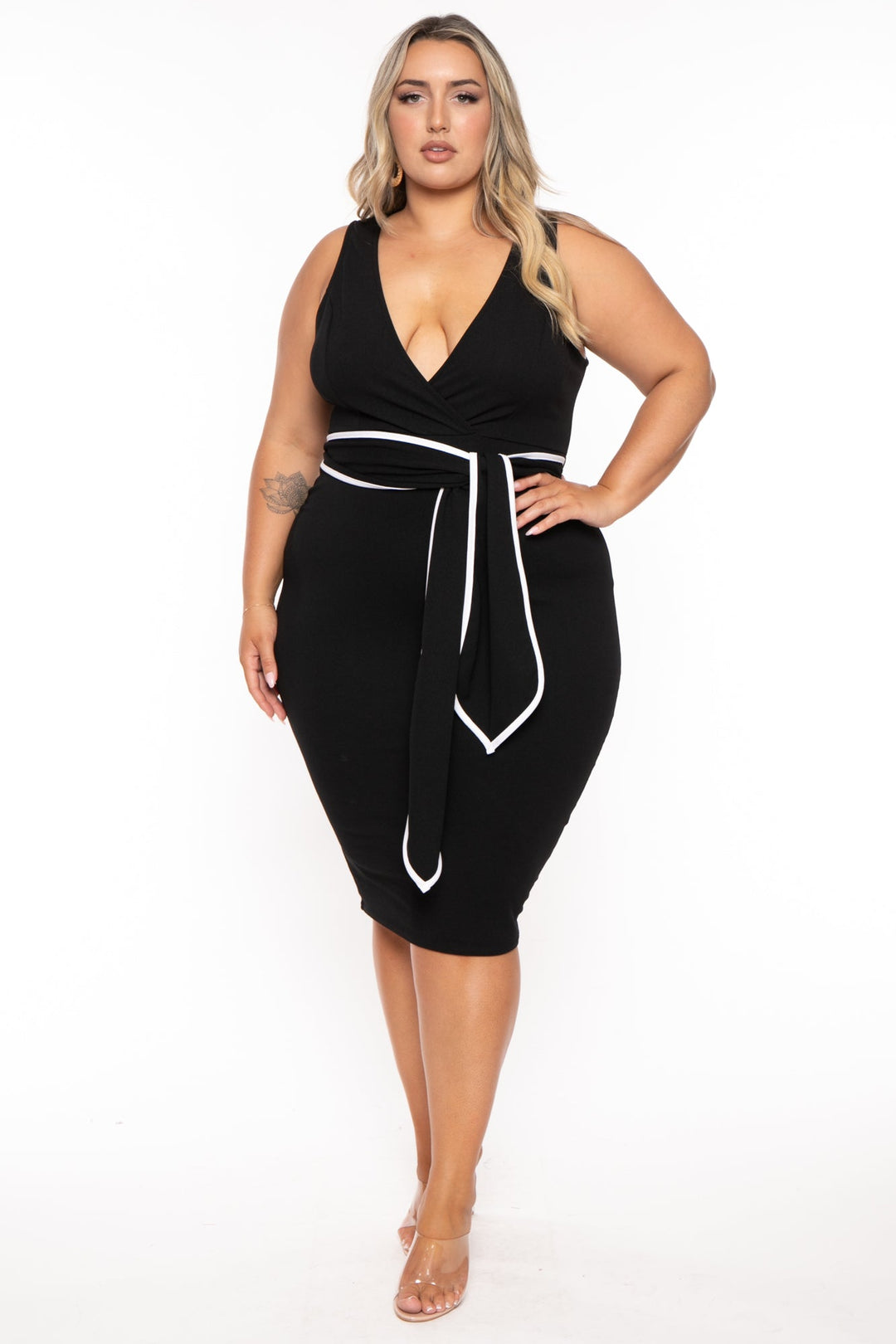 Curvy Sense Dresses 1X / Black Plus Size Marisa Front Tie  Midi Dress- Black