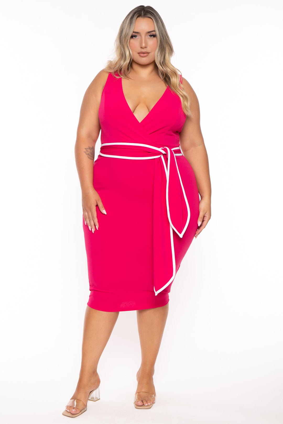 Curvy Sense Dresses 1X / Fuchsia Plus Size Marisa Front Tie  Midi Dress- Fuchsia