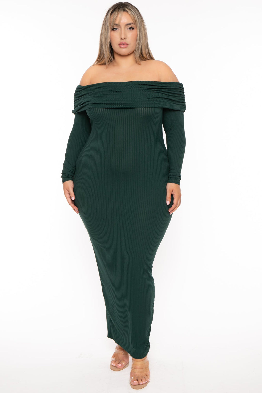 Curvy Sense Dresses Plus Size Nerida Off Shoulder  Maxi Dress -  Hunter Green