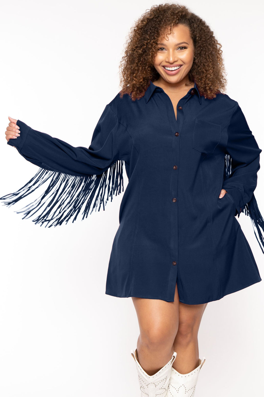 CULTURE CODE Dresses Plus Size Sonya  Fringe  Shirt Dress - Navy