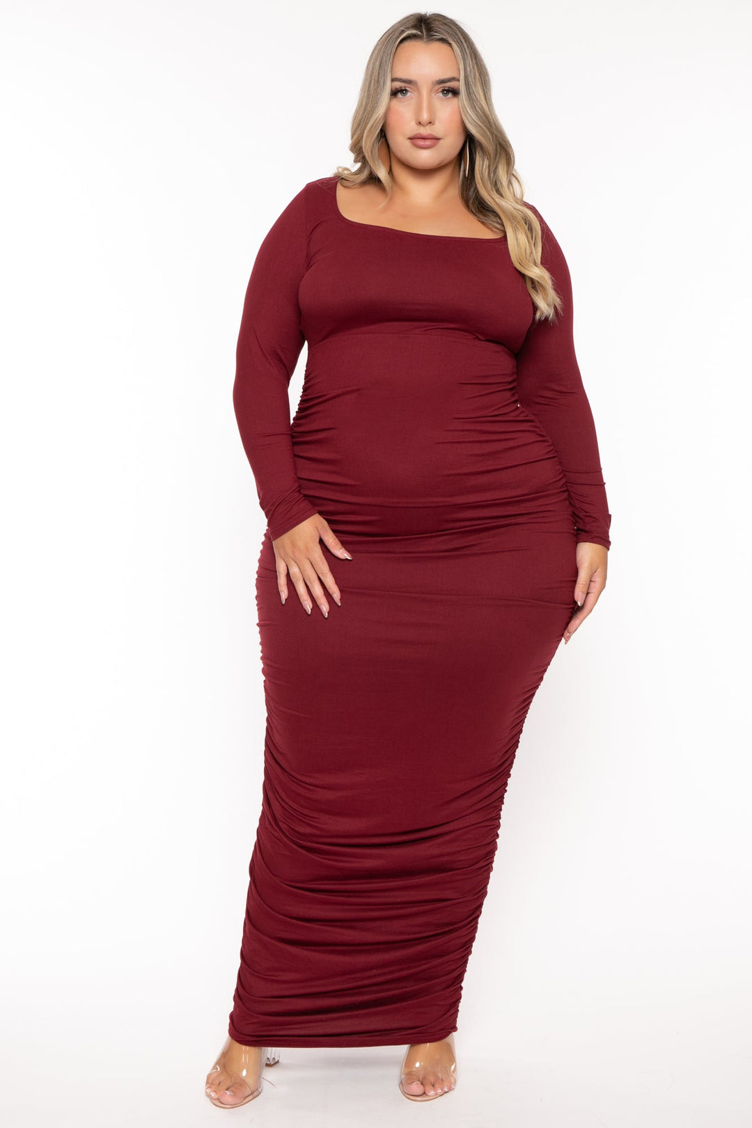 The Curve LA Dresses 1X / Burgundy Plus Size Sophie Shirred   Bodycon Maxi Dress - Burgundy