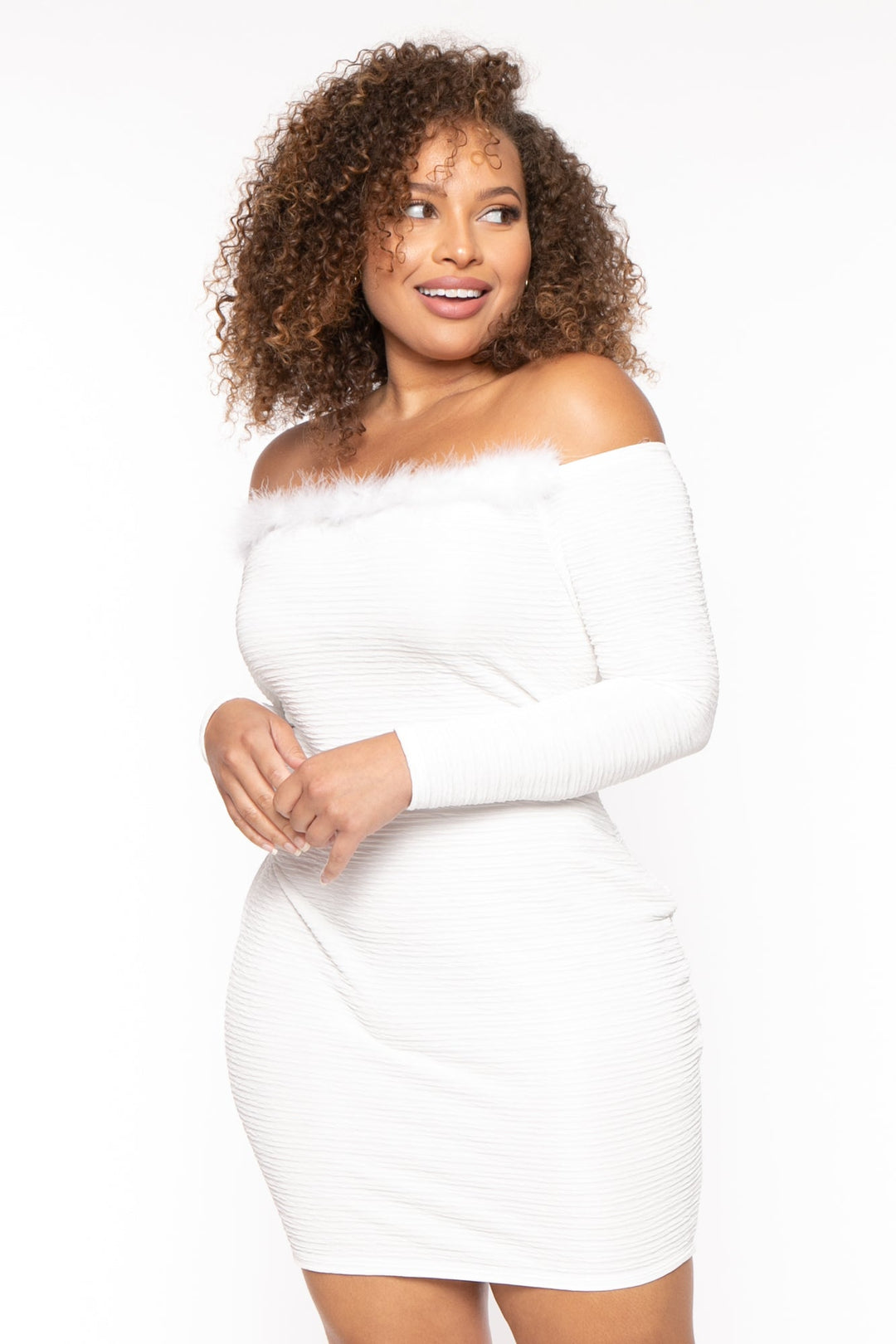 Curvy Sense Dresses Plus Size Vivienne Boa Mini Dress - White