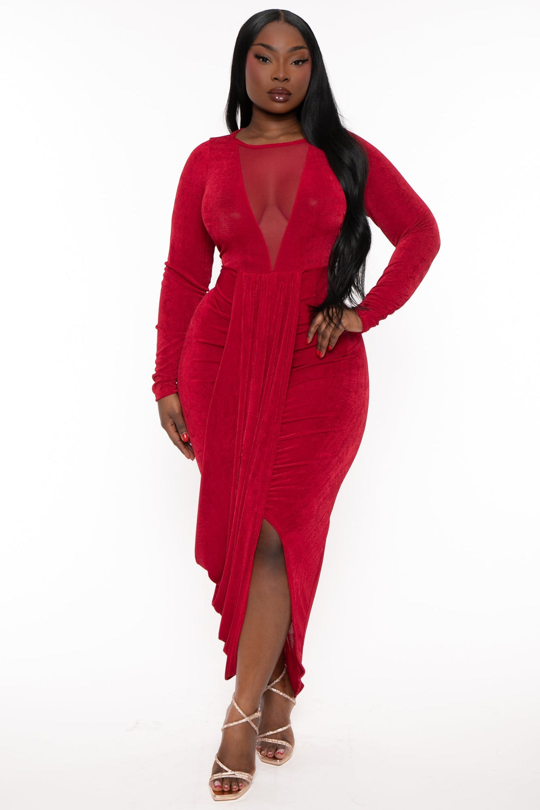 Curvy Sense Dresses Plus Size Zaya Draped Midi  Dress - Red