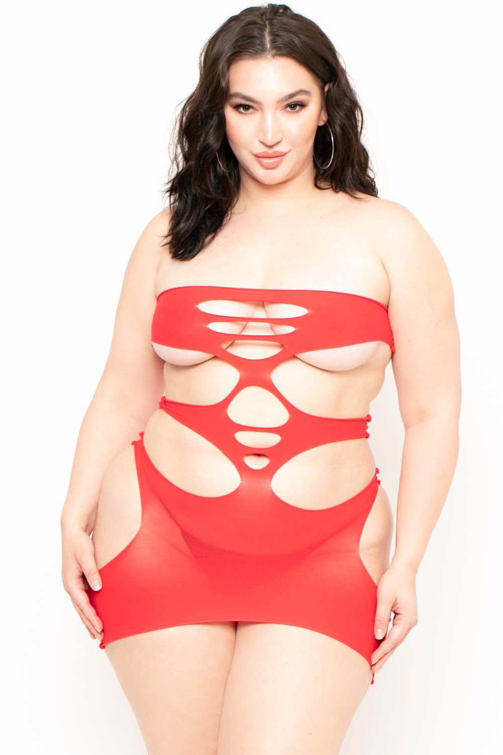 Plus Size Cutout Bodystocking Lingerie - Red - Curvy Sense