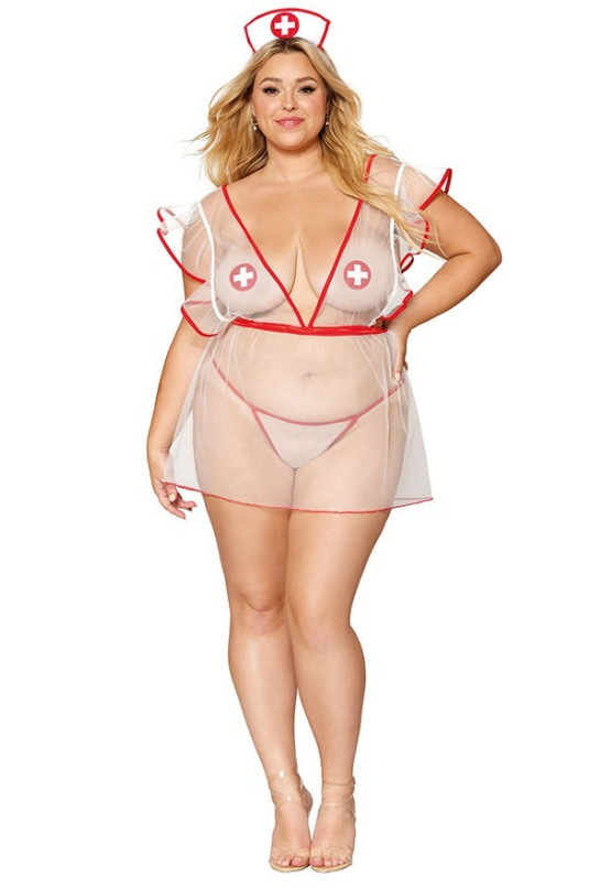 DONNA DI CAPRI Intimates 1X/2X / Black Plus Size "Intensive Care Nurse"  Play Lingerie Set  Costume- Red