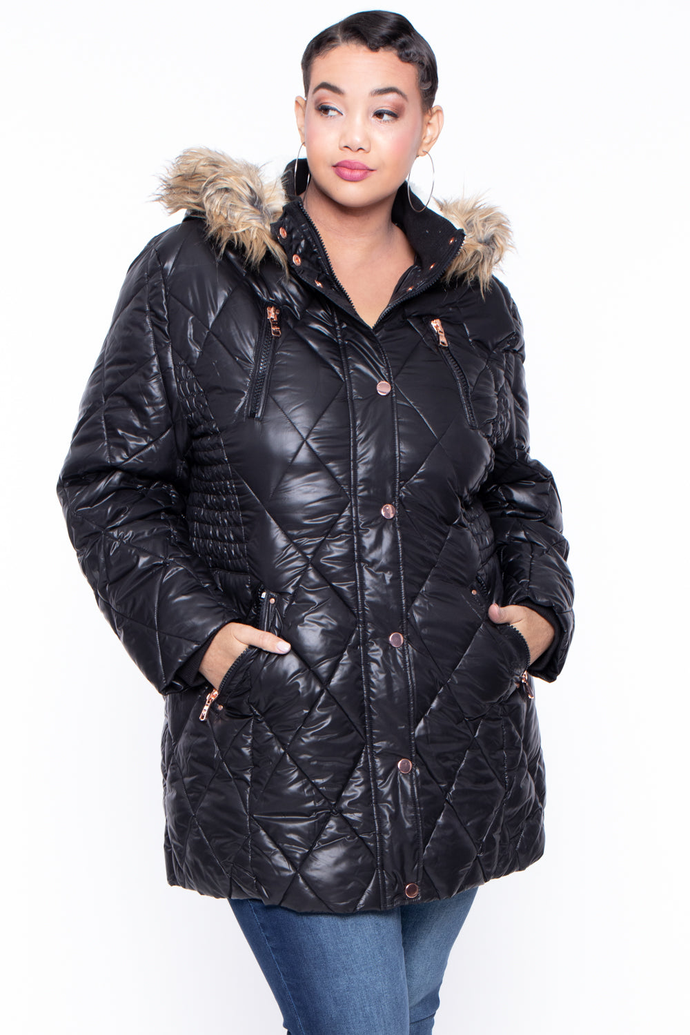 Plus Size Diamond Fur-lined hood Puffer Coat - Black - Curvy Sense