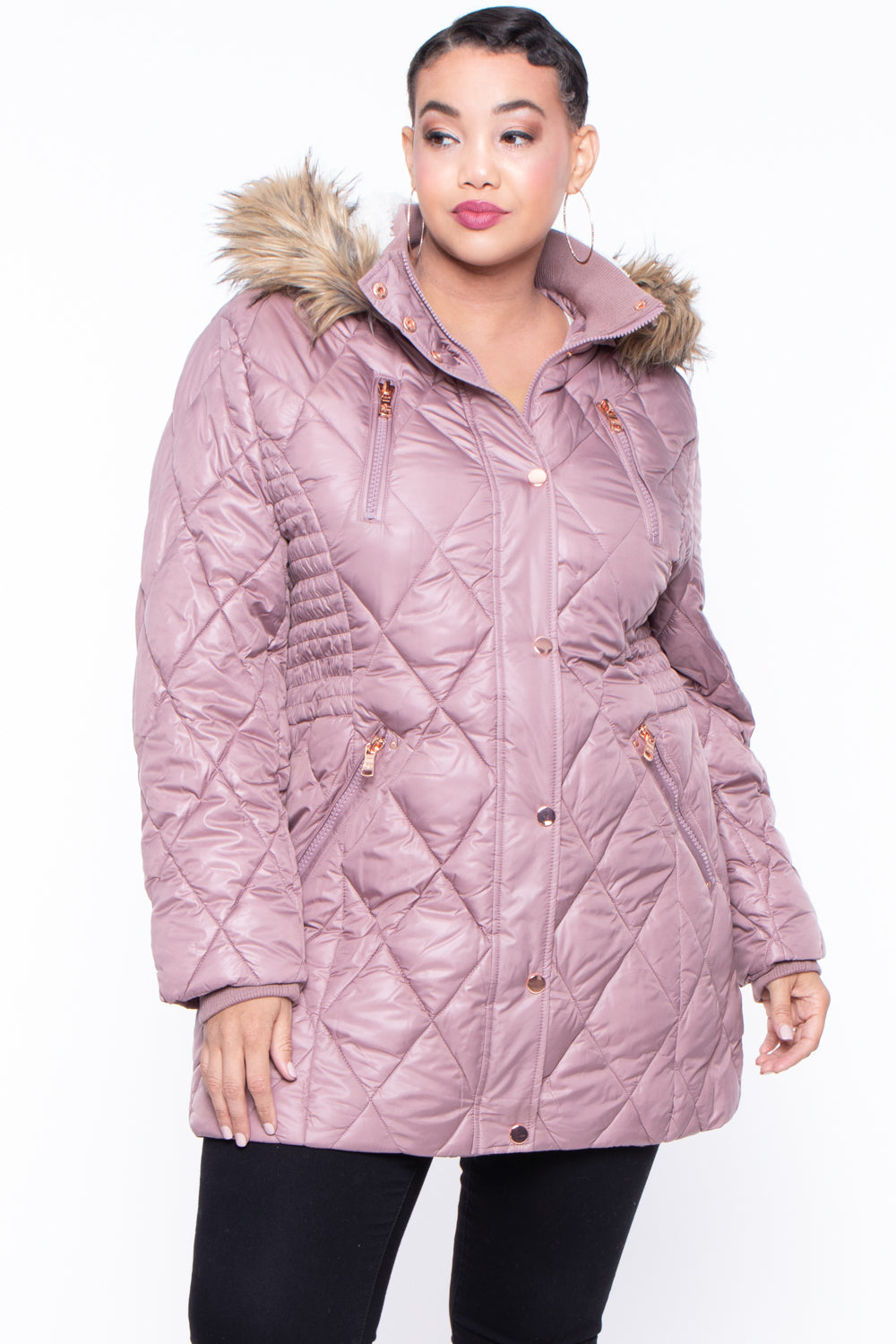 Plus Size Diamond Fur-lined Hood Puffer Coat - Dusty Rose - Curvy Sense