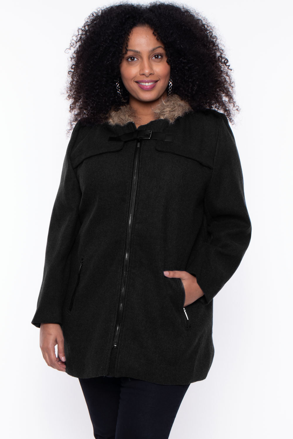 Mirage Fashion Of NY Jackets And Outerwear Plus Size Faux Fur Hooded Coat - Black