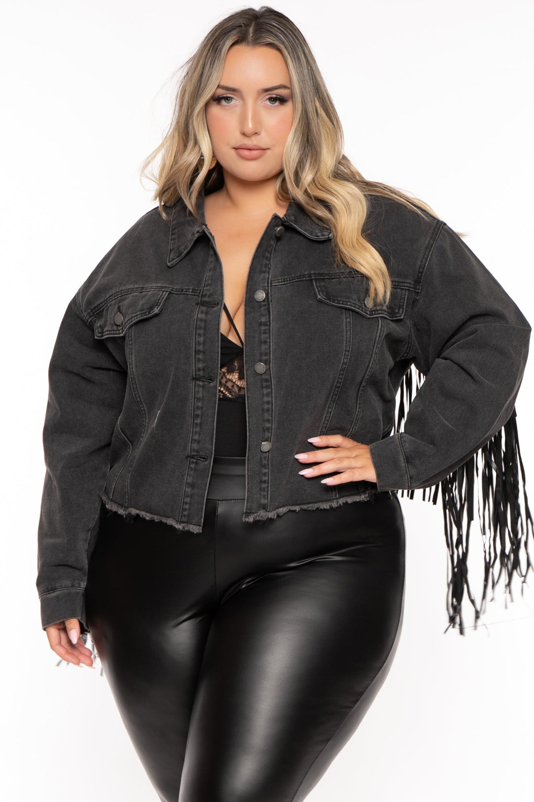 Veveret Jackets And Outerwear 1X / Black Plus Size Oli  Crop Fringe Denim Jacket -  Black