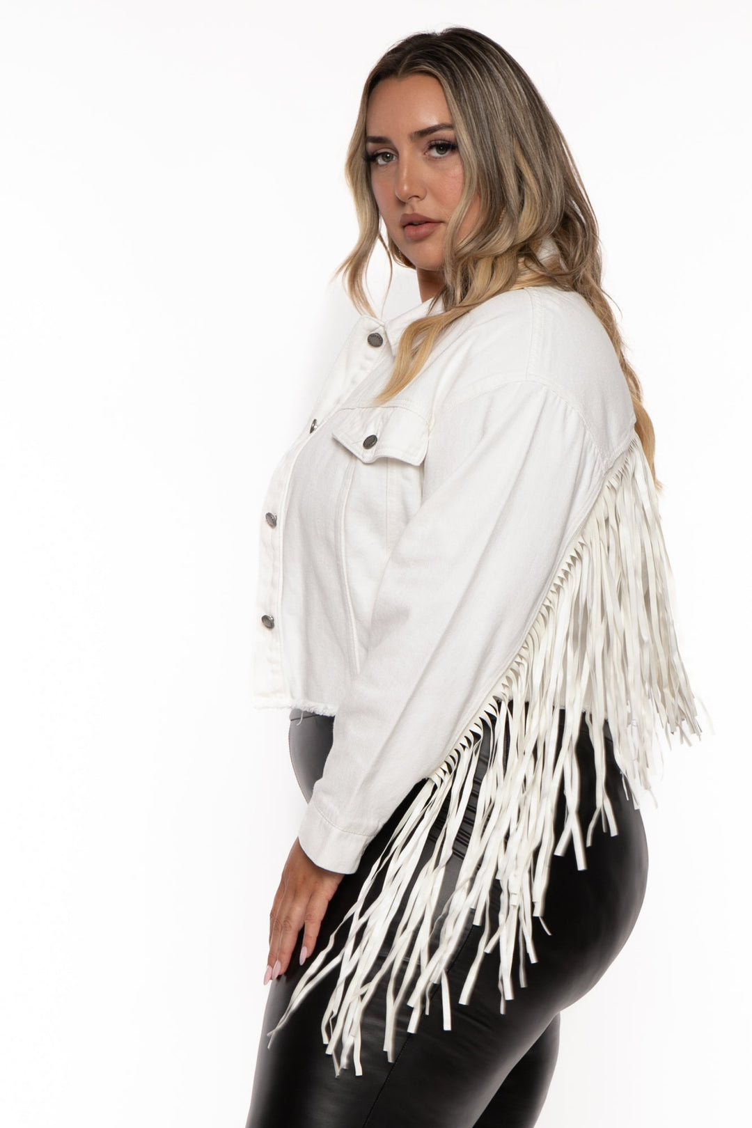 Veveret Jackets And Outerwear Plus Size Oli  Crop Fringe Denim Jacket -  White