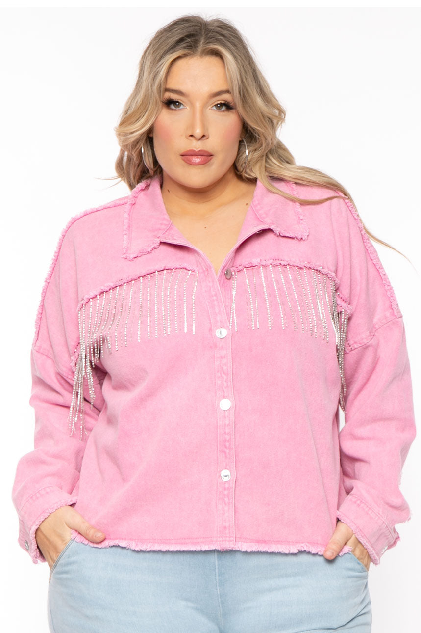 GEE GEE Jackets And Outerwear Plus Size Rhinestone Denim Jacket -  Pink