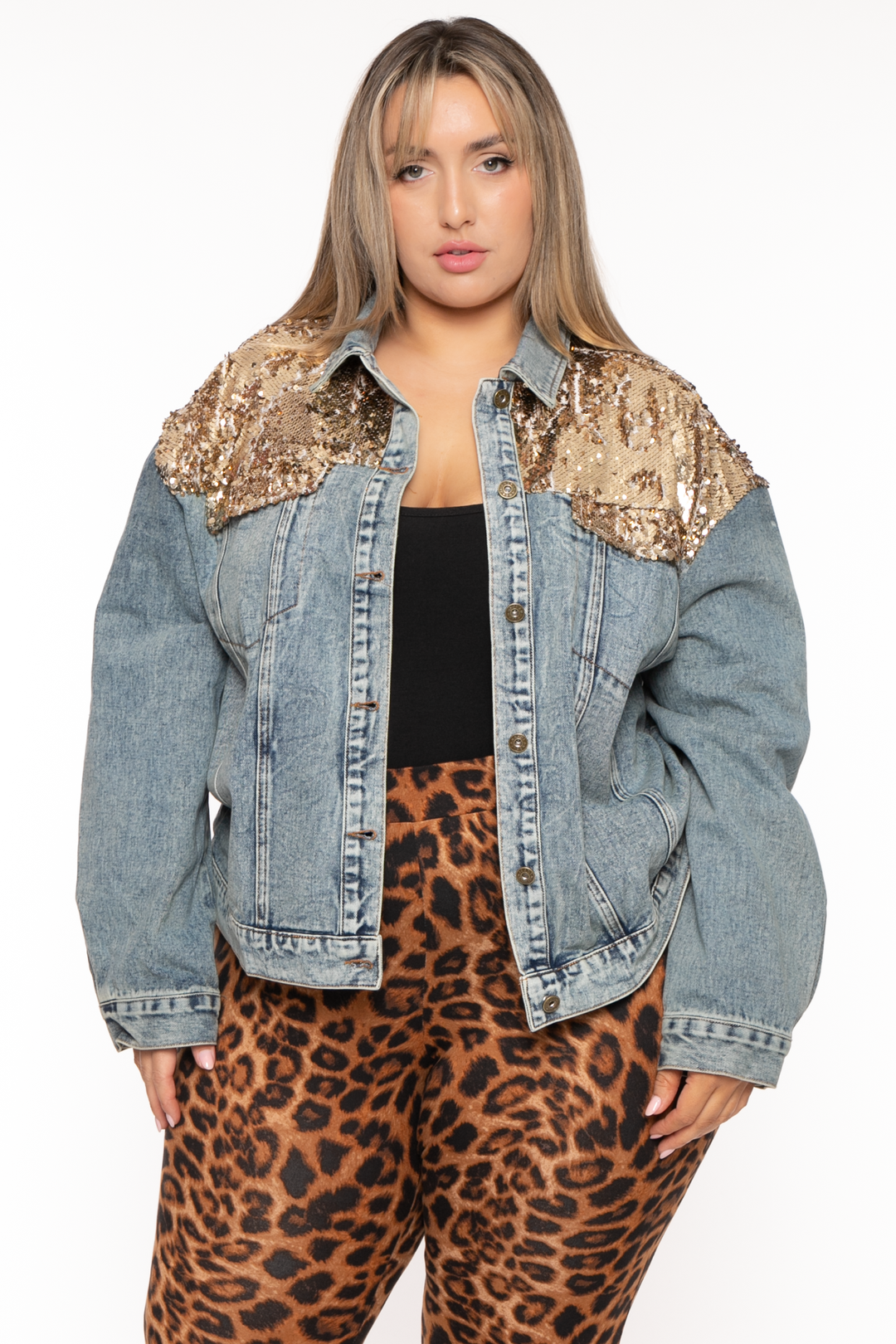 GEE GEE Jackets And Outerwear 1X / Medium Blue Plus Size Starlette denim /Sequins Jacket - Medium Blue