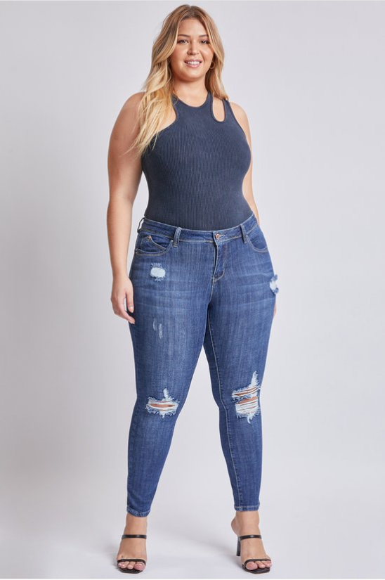 YMI Jeans Plus Size Gotcha Mid Waist Distressed Skinny Jean - Dark Wash