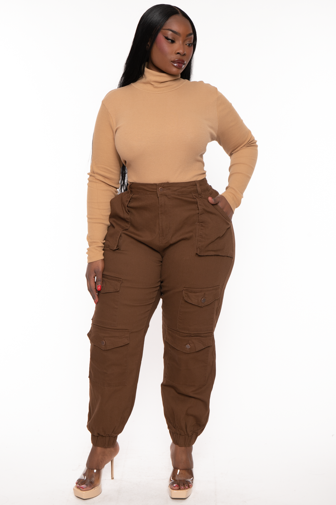 American Bazi Jeans 1X / Ivory Plus Size  High Rise Multi Pocket Jogger -Brown