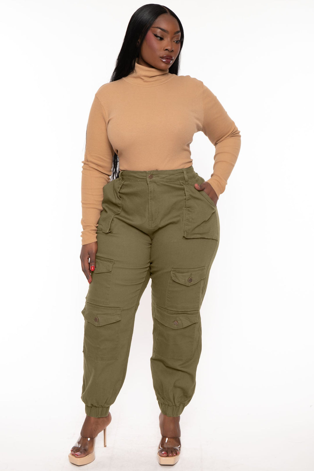 American Bazi Jeans Plus Size  High Rise Multi Pocket Jogger -Olive