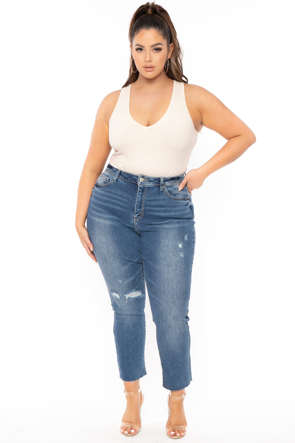 Wax Jean Jeans Plus Size High Rise Raw Hem Jean - Medium Wash