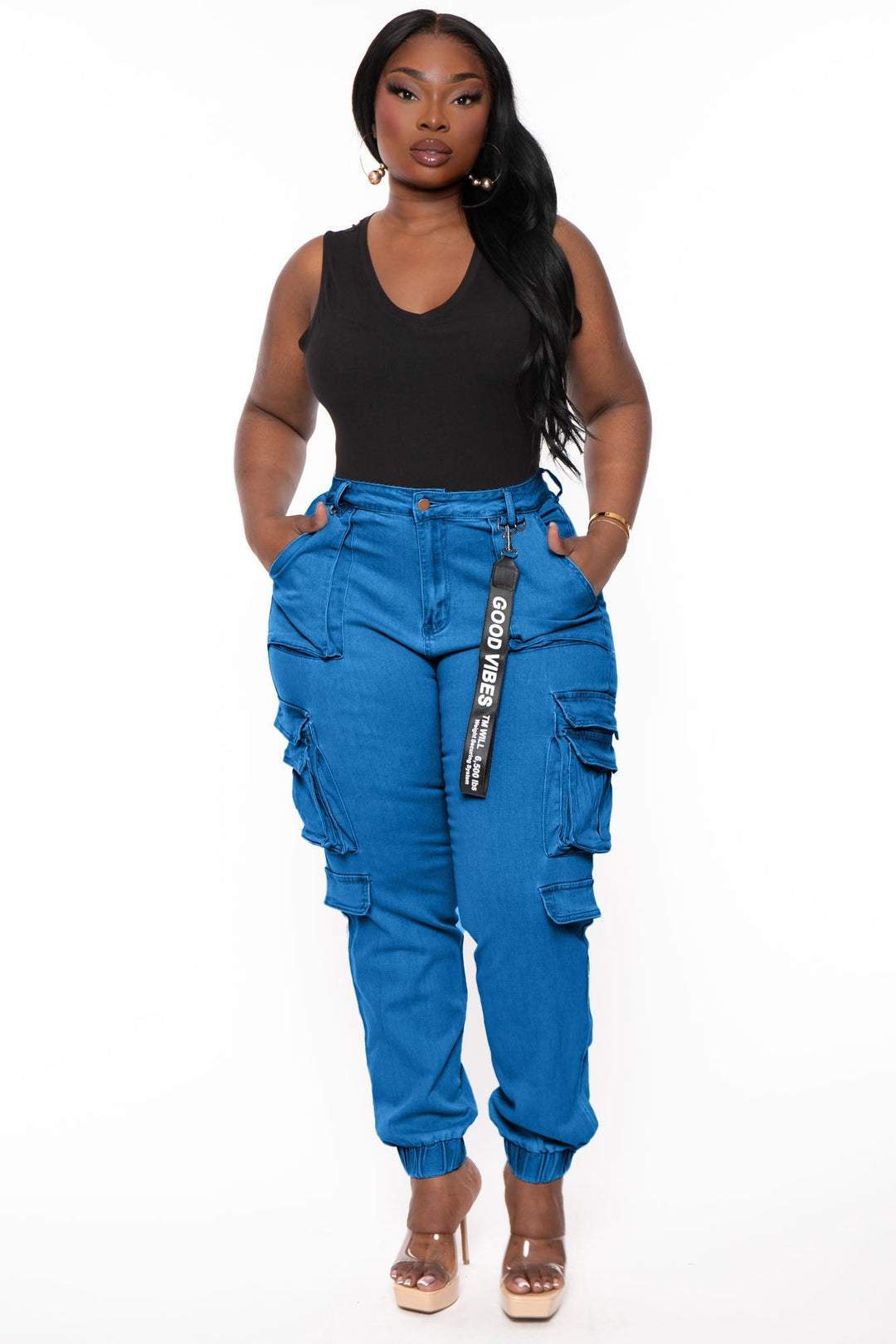 American Bazi Jeans 1X / Blue Plus Size  High Rise Utility Pockets Denim Jogger - Blue