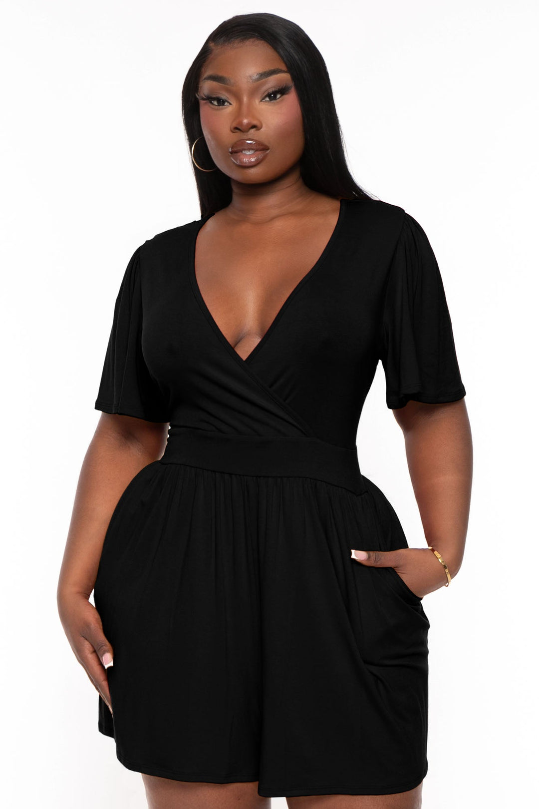 Curvy Sense Jumpsuits and Rompers Plus Size Brianna Surplice Romper - Black